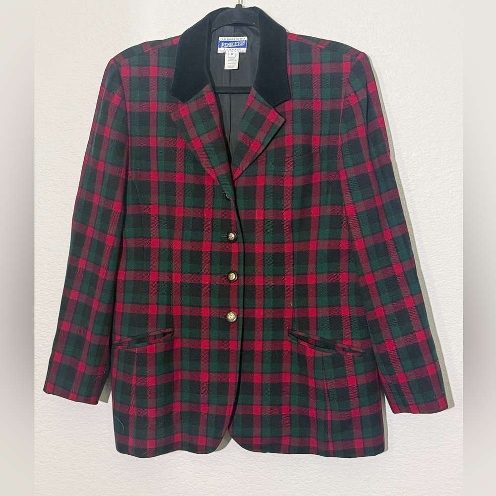 Vintage Pendleton Red & Green Plaid 100% Virgin Wool Blazer Jacket Size 14